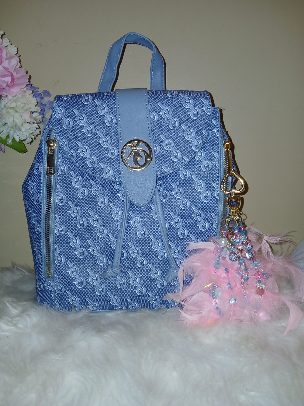 XOXO Light Blue Monogram Backpack with Gold Accent